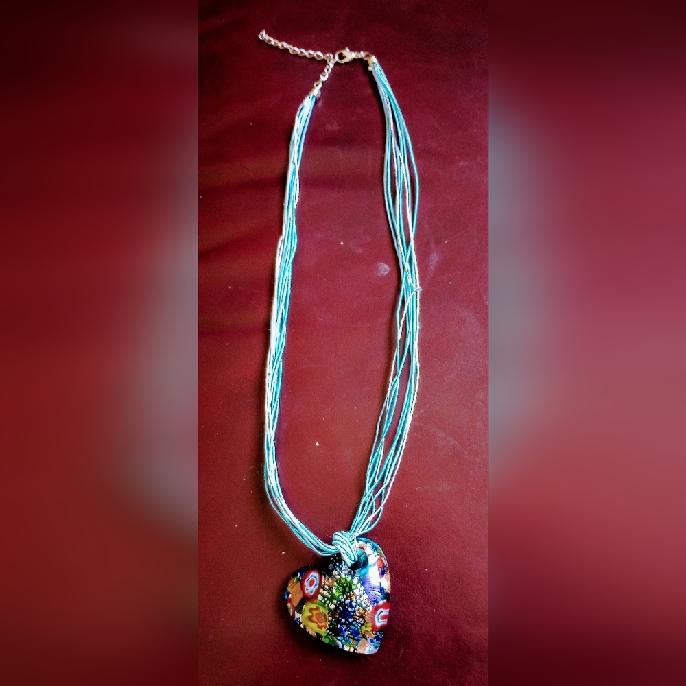 Multicolor glass Heart Pendant2",Blue &Silver Necklace20", Lobster Clasp Closure
